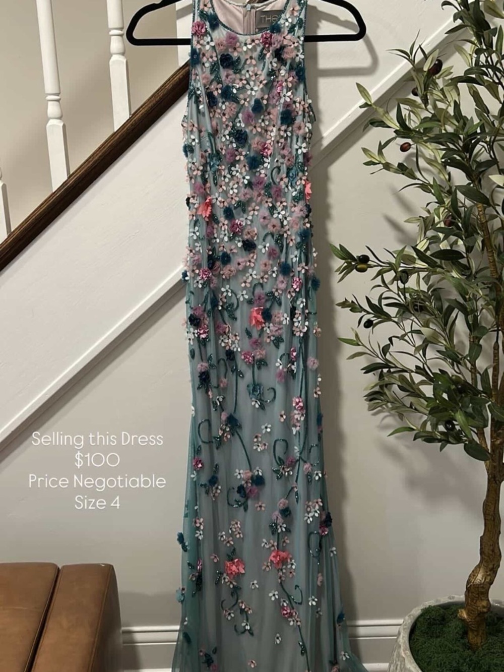 Embellished Floral Mesh Evening Gown - Seafoam Green with Pink & Teal Appliqués